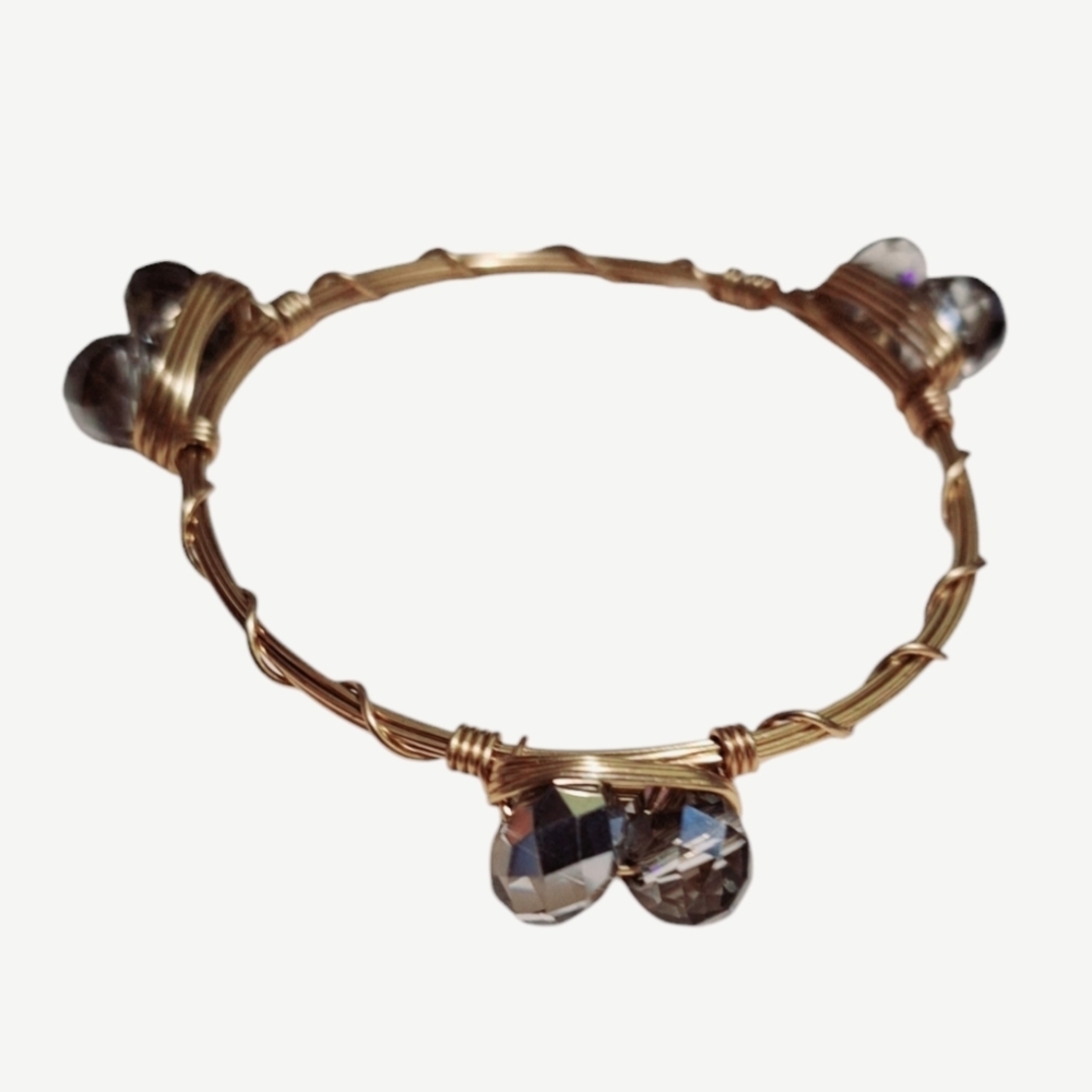 WIRE WRAPPED GOLDTONE BOHO BANGLE BRACELET WITH IRIDESCENT RHINESTONES
